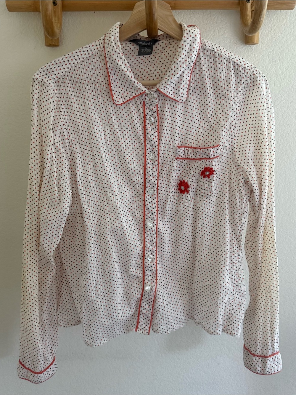 Kate Landry vintage style Polka Dot Pajama Top Floral Embroidery size M